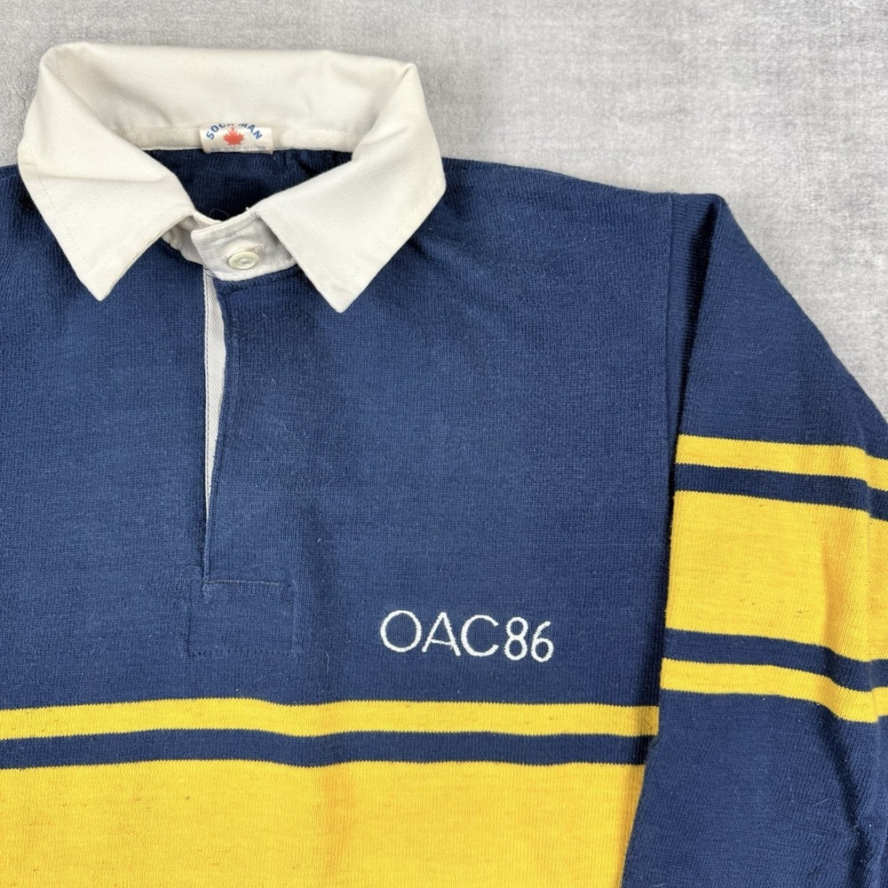 Vintage 80s Rugby Polo Mens Medium Navy Blue Striped Ontario Agriculture School - Picture 3 of 11
